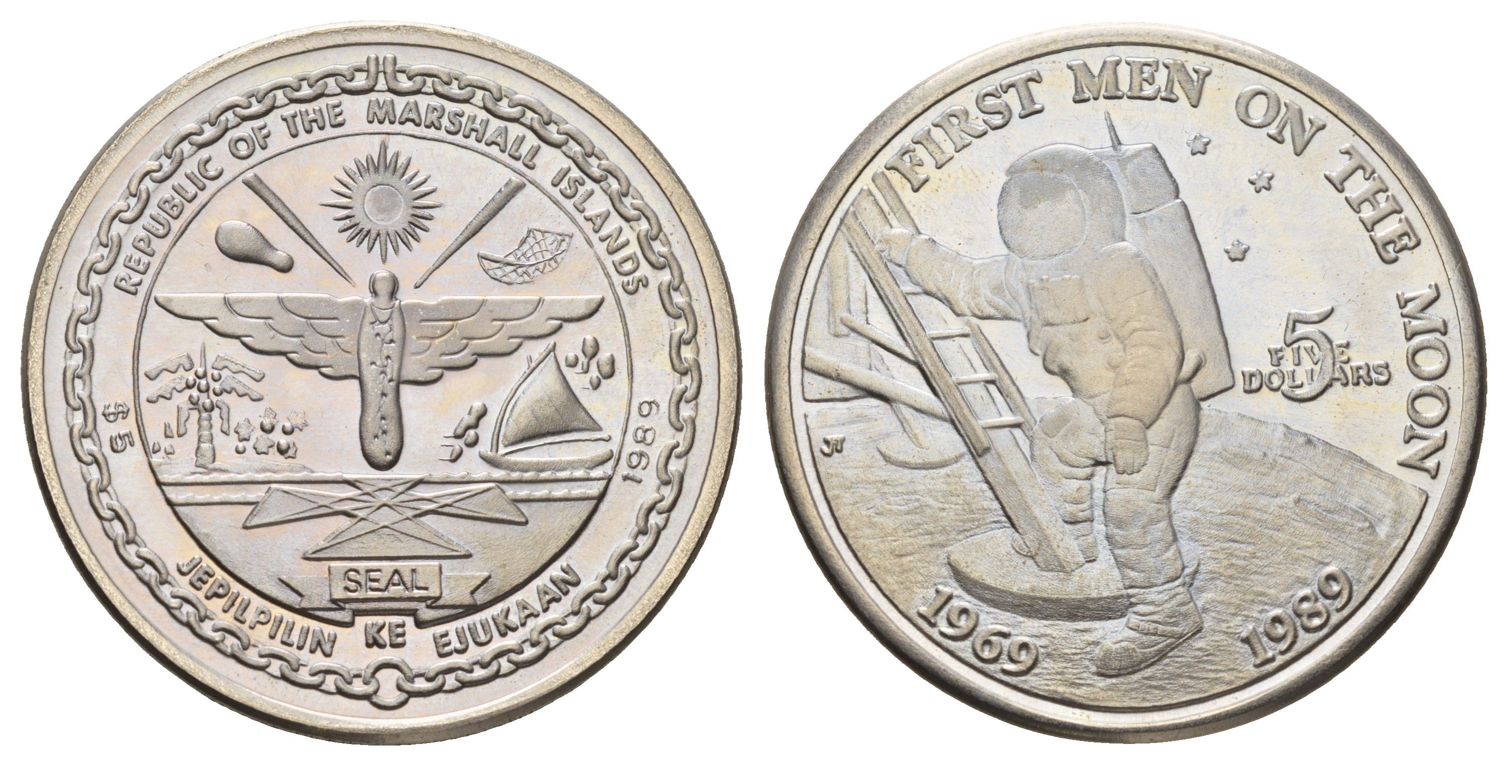 Маршалловы Острова 5 долларов 1989 20 лет Первой посадке людей на Луну, в запайке KM 13 медно-никель PROOF 11-136-31