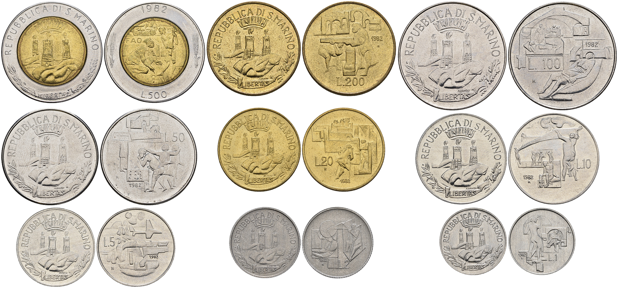 Сан-Марино лот из 9 монет 1982 cоциальные достижения, 1, 2, 5, 10, 20, 50, 100, 200, 500 лир KM 131-138, 140   UNC  N5-35