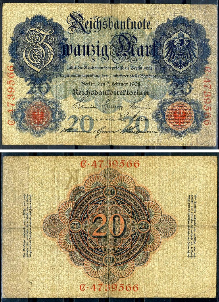 Германия 20 марок 1910 Pick 40 b бумага 7191-4-1-2