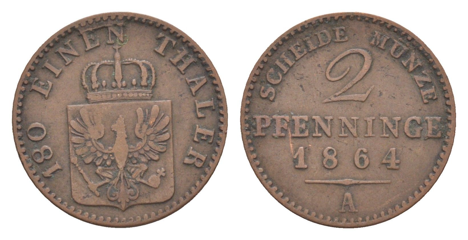 Пруссия 2 пфеннига 1864 A, Вильгельм I (1861-1888) KM 481, Jaeger 51, AKS 107, Olding 425 медь 4651-316