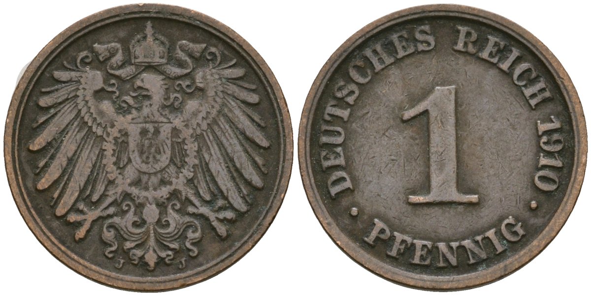 Германия 1 пфенниг 1910 J, Вильгельм II (1888-1918) KM 10, J. 10 медь 4608-248