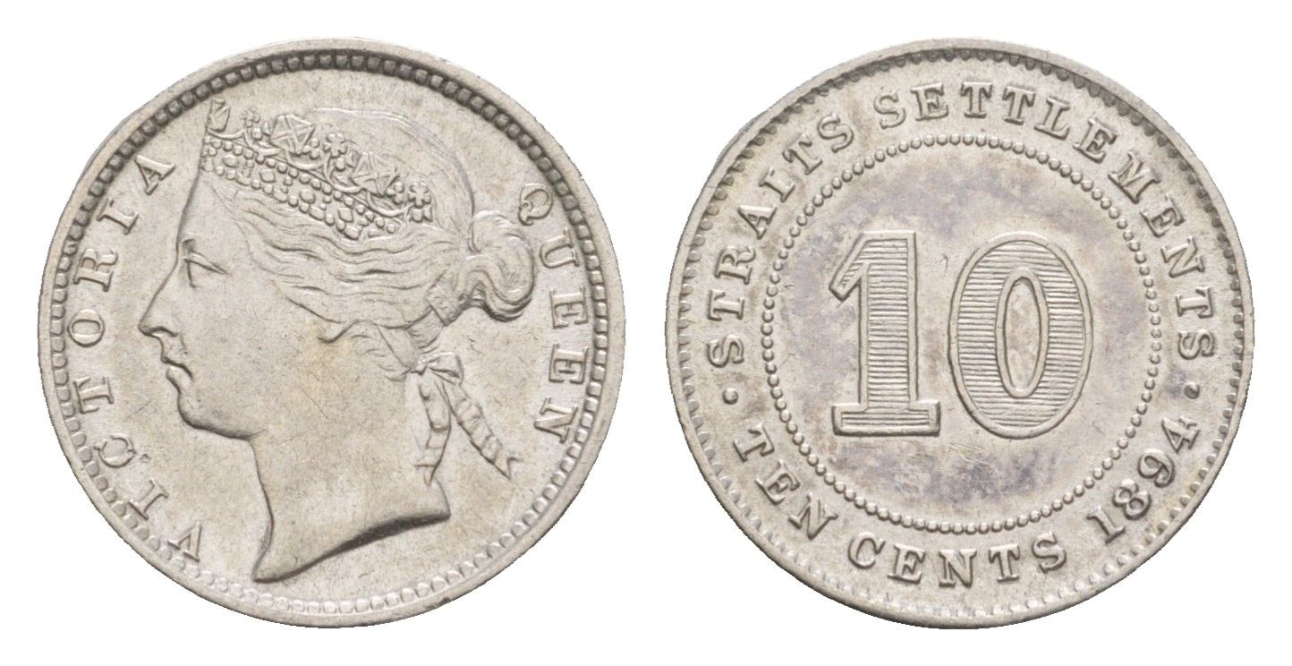 Стрейтс-Сетлментс (Стрейтс Сетлментс) 10 центов 1894 Виктория (1837-1901) KM 11 серебро 1521-925