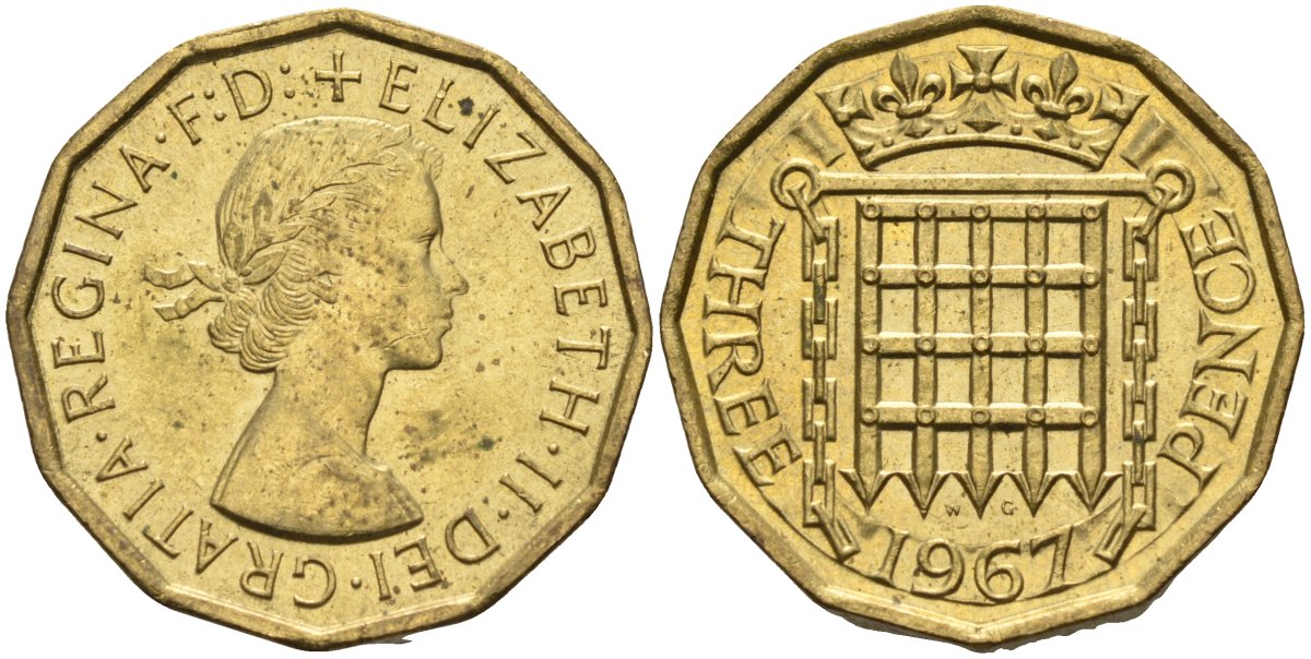 Великобритания 3 пенса 1967 Елизавета II (1952-2022) KM 900, Spink 4153 никель латунь аUNC 4571-624