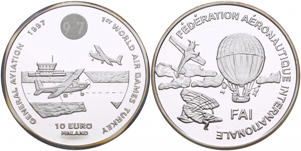 Финляндия 10 евро 1997 FIO, Международная федерация аэронавтики, первые воздушные игры серебро PROOF 1068-3-21