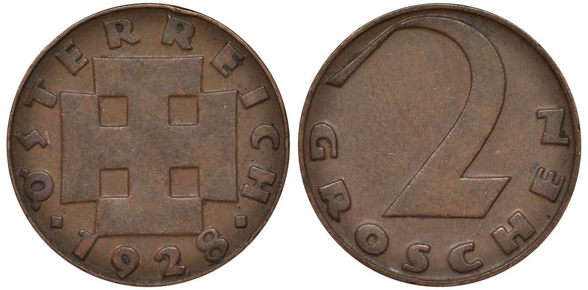 Австрия 2 гроша 1928 KM 2837 бронза 4164-323