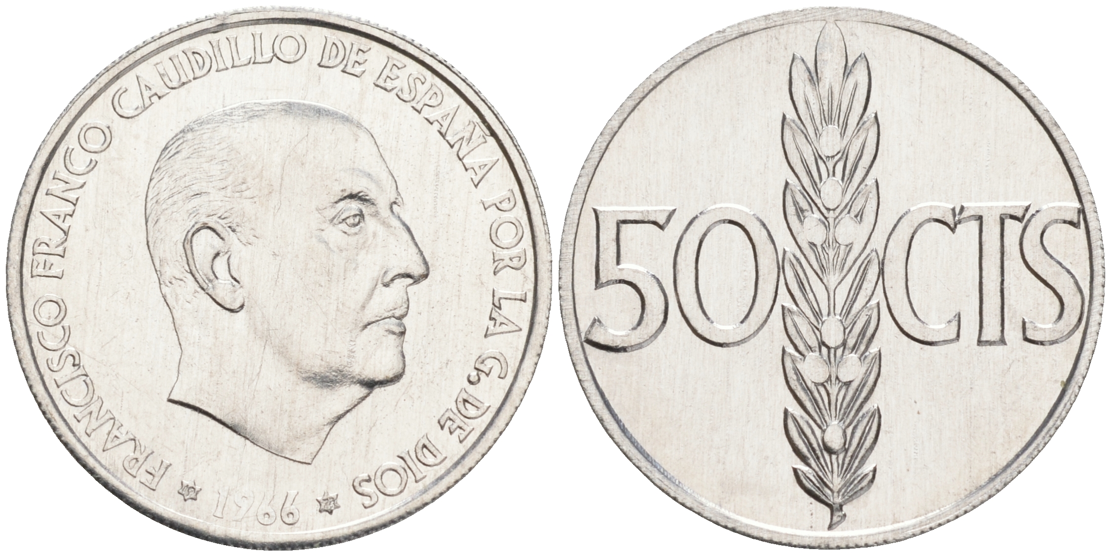 ИСПАНИЯ 50 СЕНТИМО 1966 (73) ФРАНСИСКО ФРАНКО ДИКТАТОР ИСПАНИИ (1939-1975) KM 795 алюминий 192-832