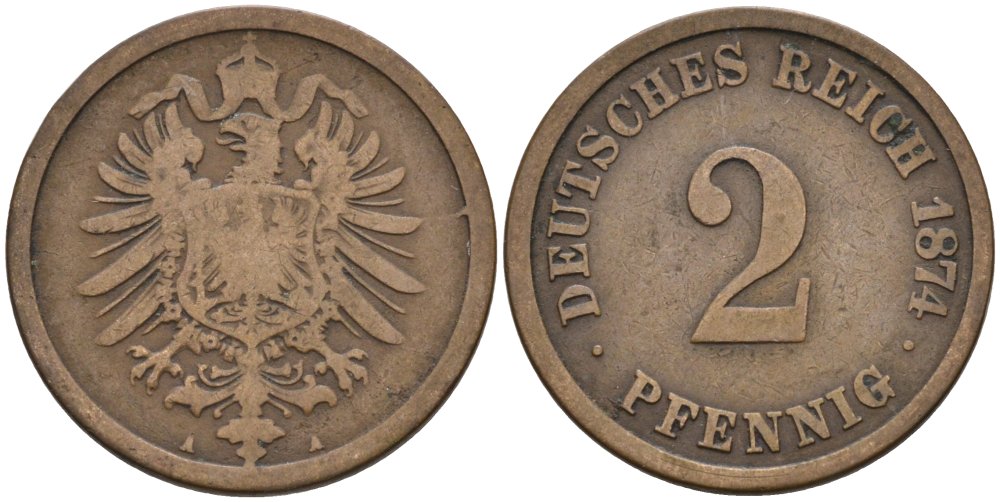 Германия 2 пфеннига 1874 А, старогербовка KM 2, J. 2 медь 4573-1242