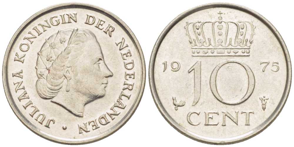 НИДЕРЛАНДЫ 10 ЦЕНТОВ 1975 ЮЛИАНА (1948-1980) KM 182 никель 116-1251