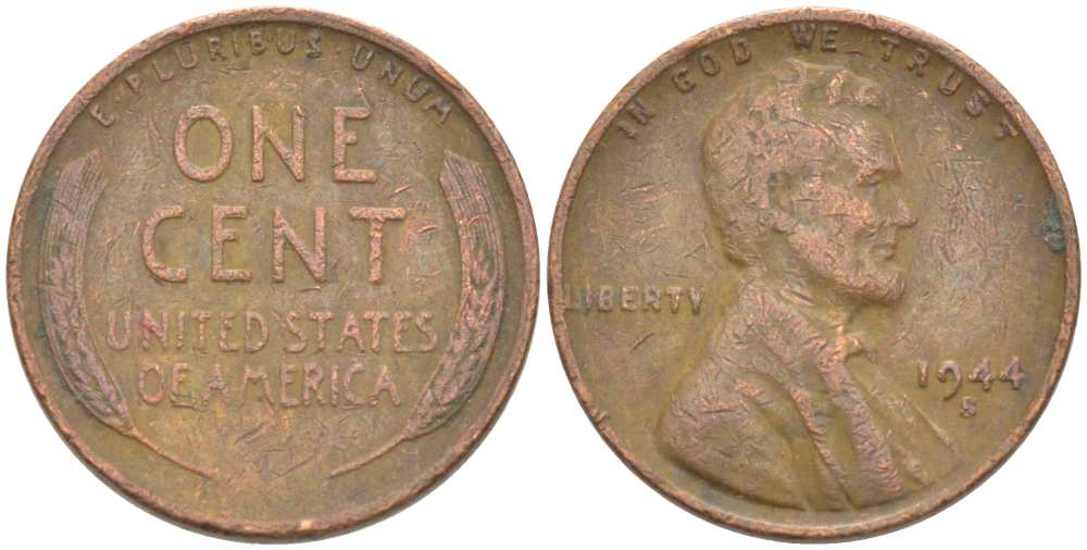США 1 ЦЕНТ 1944 S, ЛИНКОЛЬН KM А132 медь цинк 218-928