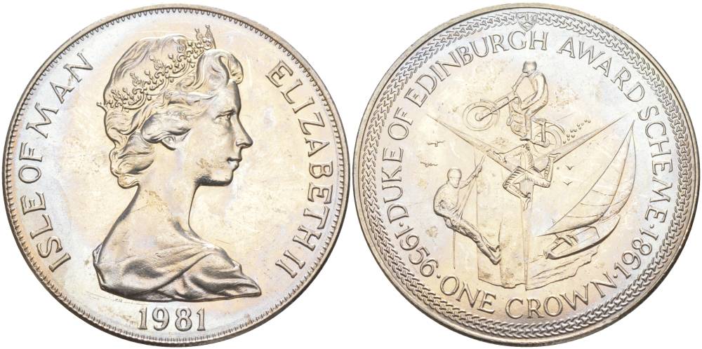 Остров Мэн 1 крона 1981 приз герцога Эдинбургского, мотоспорт, яхтинг, скалолазание КМ 76 медно-никель UNC 4527-1115