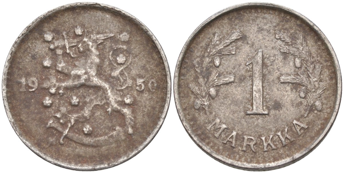 Финляндия 1 марка 1950 H KM 30b железо 219-1156