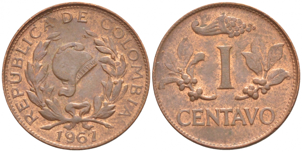 Колумбия 1 сентаво 1967 KM 205а сталь плакированная медью 4532-466