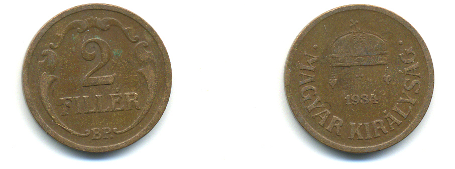 ВЕНГРИЯ 2 ФИЛЛЕРА 1934 ВР KM 506 бронза 83-1252