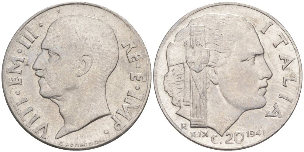 ИТАЛИЯ 20 ЧЕНТЕЗИМО 1941 R, ГОД XIX, ВИКТОР ЭММАНУИЛ III (1900-1946) KM 75b, VEM3. 1028 нержавеющая сталь 3853-1124