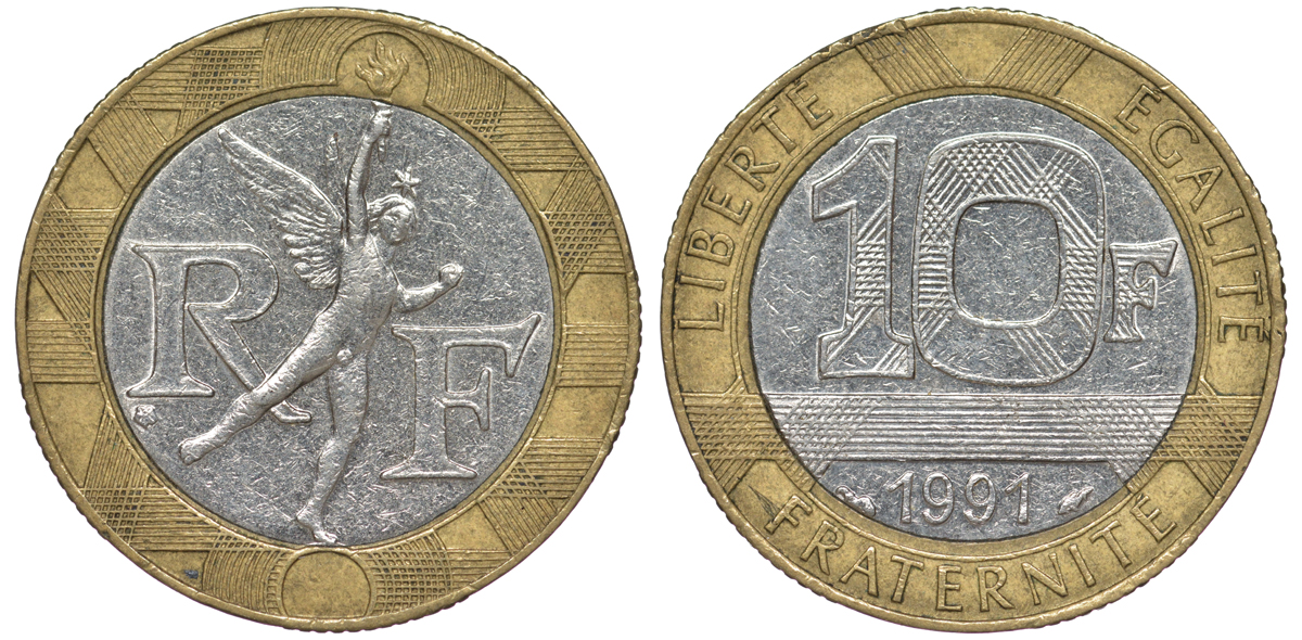 Франция 10 франков 1991 тип гений Бастилии KM 964.1, Le Frank 375.6 биметалл 45-925