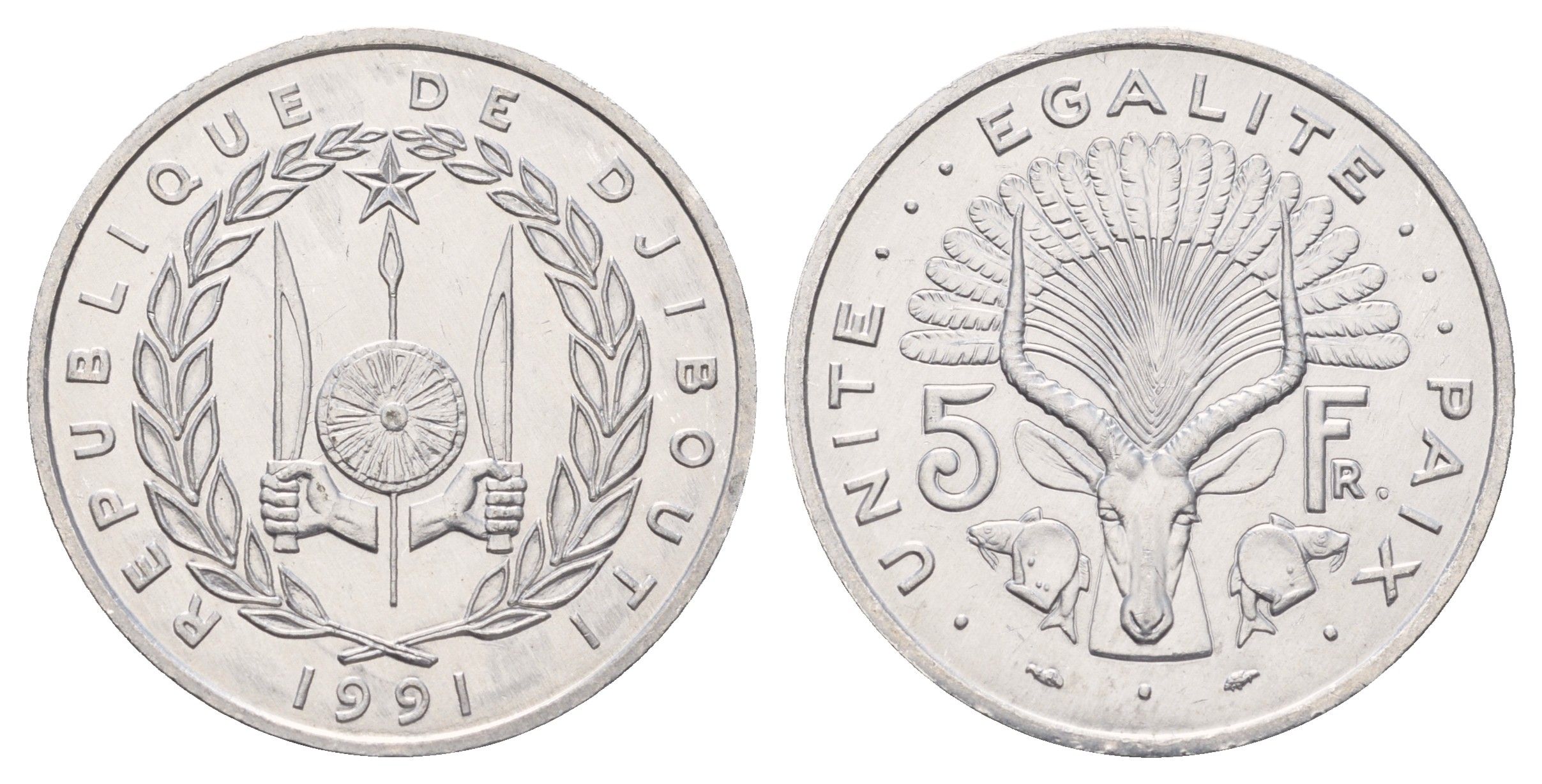 Джибути 5 франков 1991 KM 22 алюминий UNC 4672-221