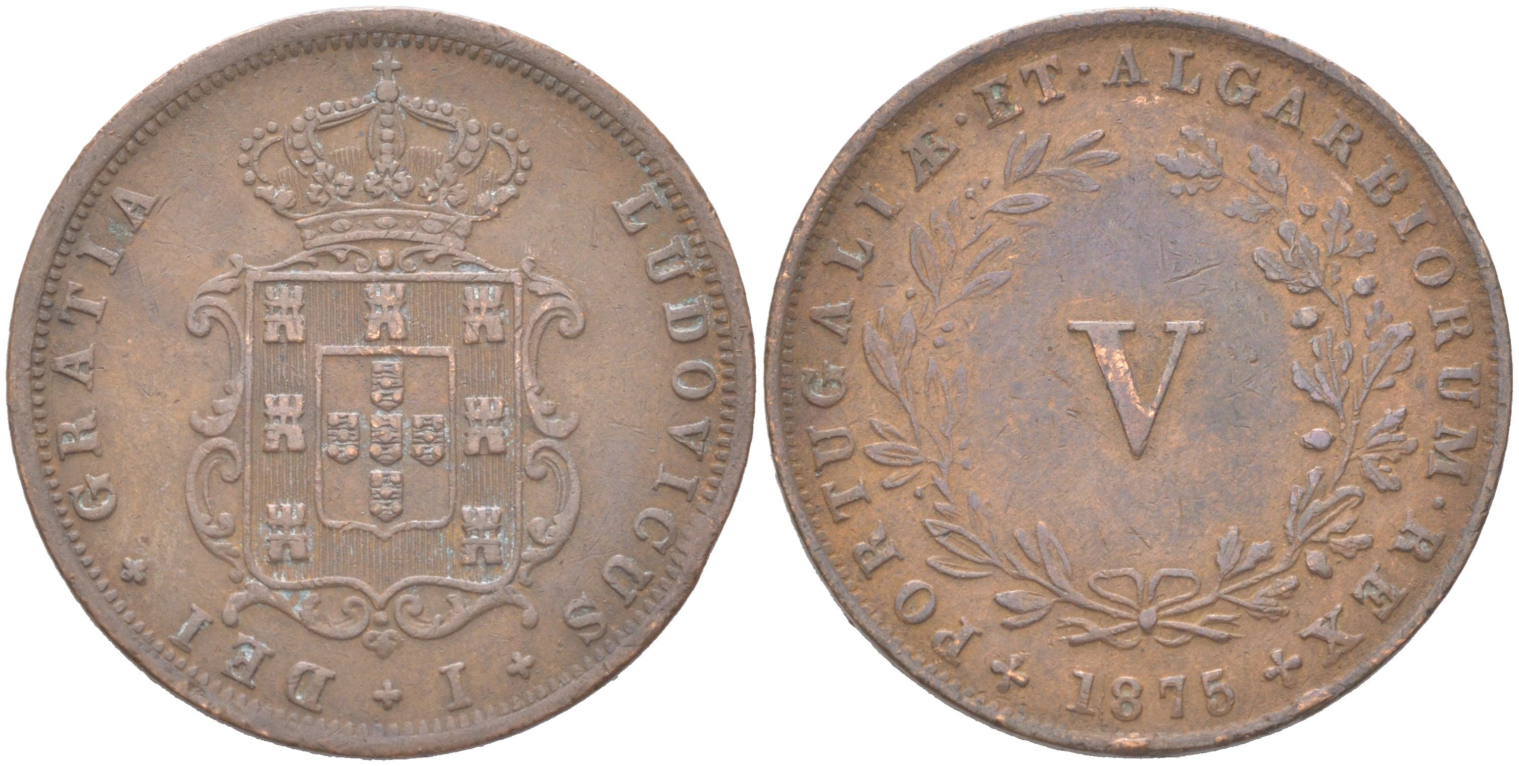 Португалия 5 реалов 1875 Луиш I (1861-1889) KM 513 медь 4620-942