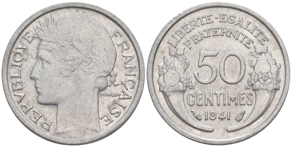 ФРАНЦИЯ 50 САНТИМОВ 1941 ТИП MORLON LOURDE KM 894.1a, LE FRANC 193.2 алюминий 44-258