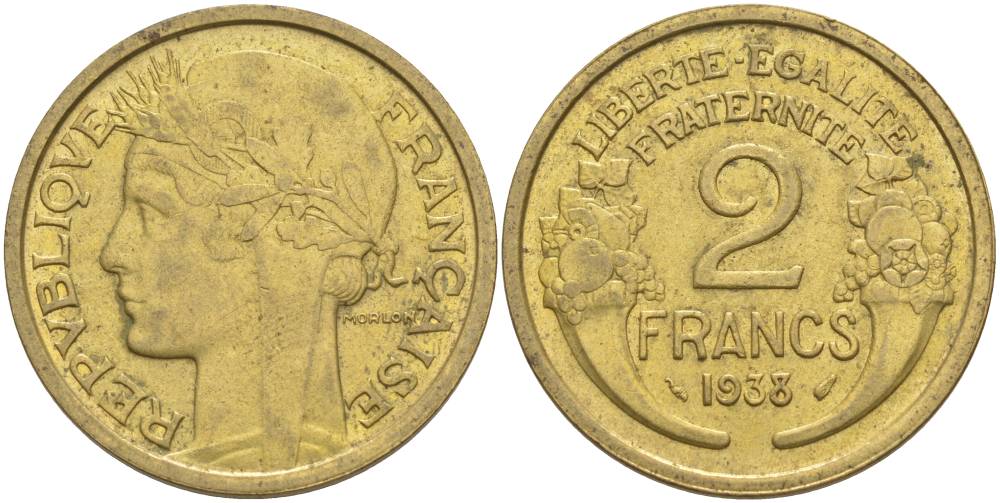 ФРАНЦИЯ 2 ФРАНКА 1938 ТИП MORLON KM 886, LE FRANC 268.11 алюминиевая бронза 3855-115
