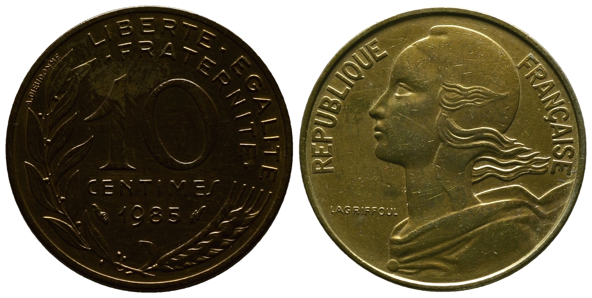 Франция 10 сантимов 1985 тип Марианна KM 929, LE FRANC 144.25 медь алюминий никель 4381-628