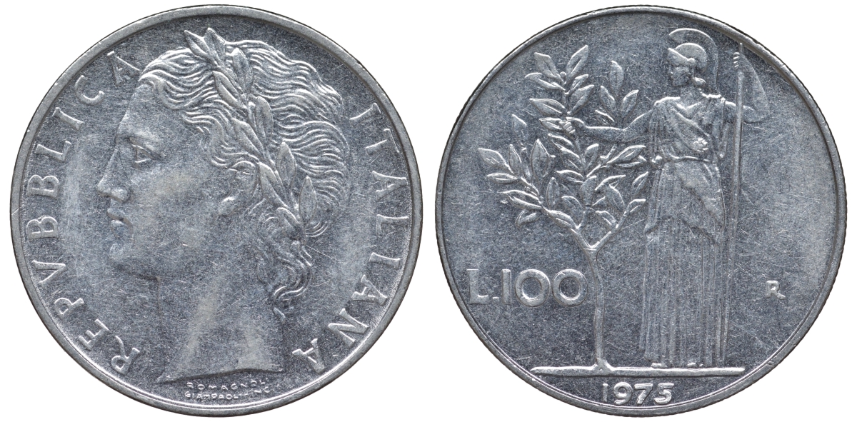 Италия 100 лир 1975 R KM 96.1 нержавеющая сталь 4144-111