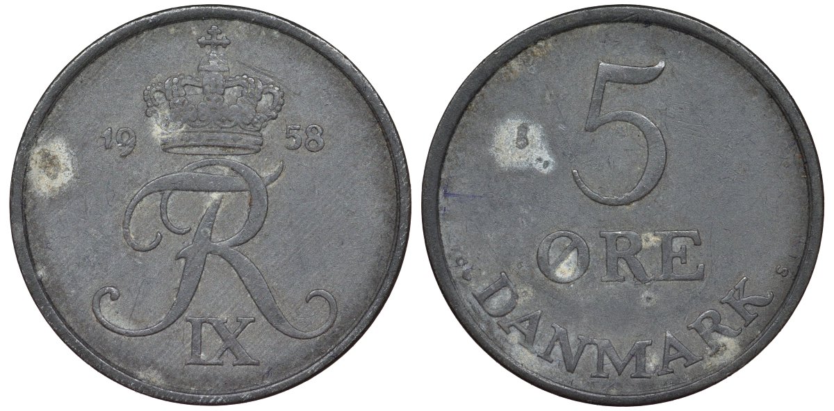 Дания 5 эре 1958 KM 843 цинк 4165-725