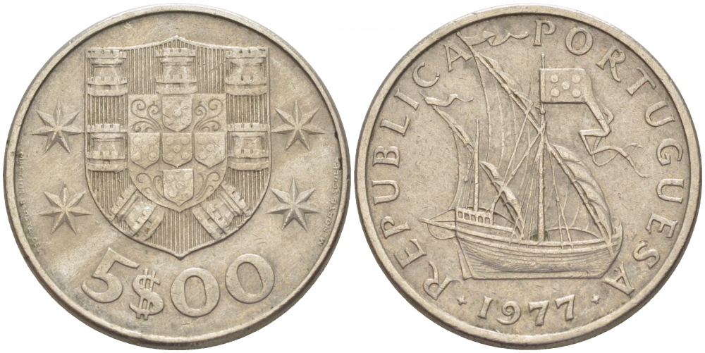 ПОРТУГАЛИЯ 5 ЭСКУДО 1977 ПАРУСНИК KM 591 медно-никель 3457-711