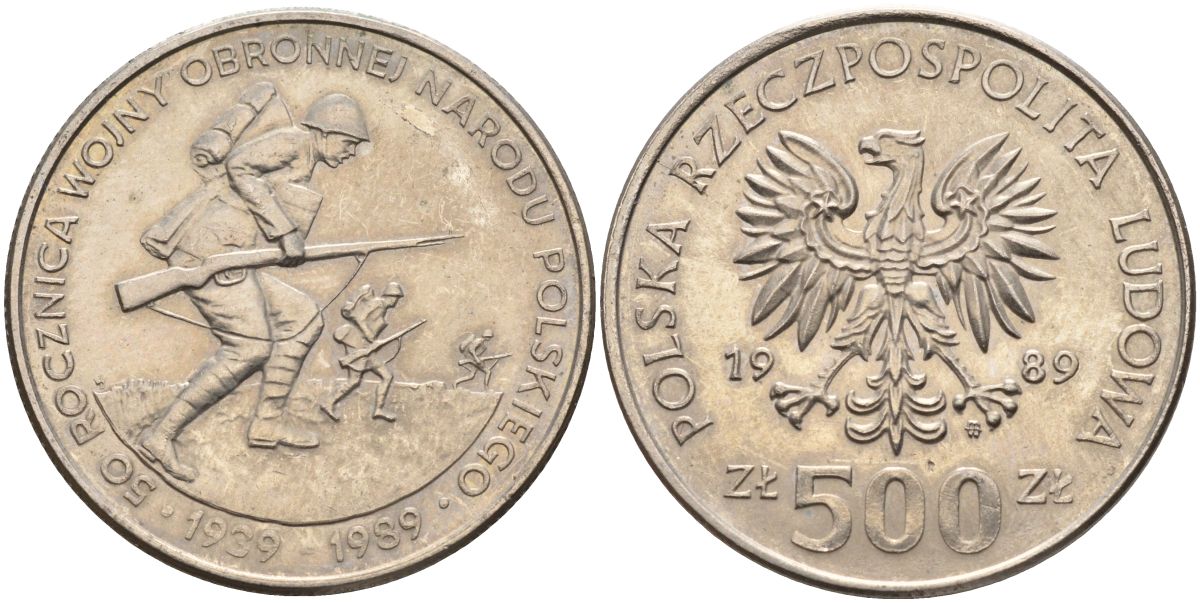 Польша 500 злотых 1989 MW, 50 лет начала второй мировой войны, поляки на фронтах KM 185, Parchimowicz 335 медно-никель 4162-916