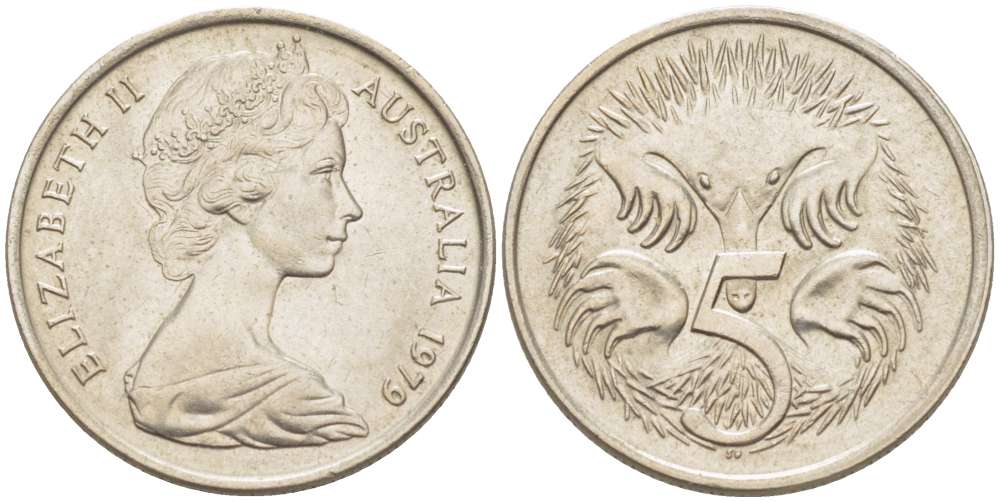 АВСТРАЛИЯ 5 ЦЕНТОВ 1979 ЕЛИЗАВЕТА II (1952-) МОЛОДОЙ ПОРТРЕТ, ЕХИДНА KM 64 медно-никель 4516-661