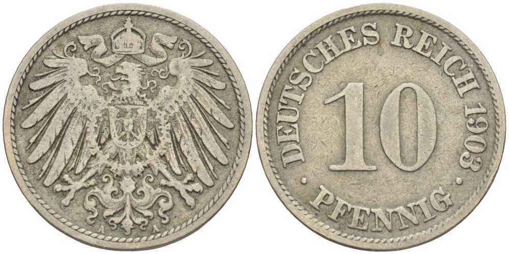 ГЕРМАНИЯ 10 ПФЕННИГОВ 1903 A KM 12, J. 13 медно-никель 4401-1245