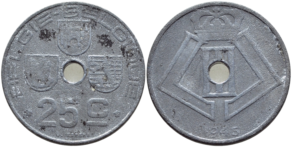 БЕЛЬГИЯ 25 САНТИМОВ 1945 НЕМЕЦКАЯ ОККУПАЦИЯ BELGIE BELGIQUE KM 132 цинк 86-1657