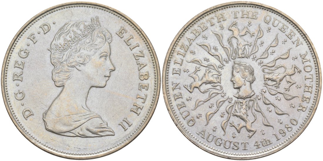 Великобритания 25 пенсов 1980 80 лет королеве Елизавете-королеве матери, Елизавета II (1952-2022) KM 921, Spink 2228 медно-никель 107-634