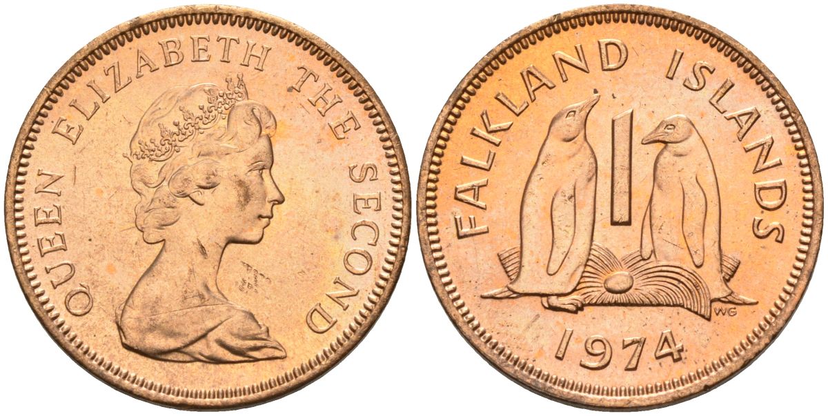 Фолклендские острова 1 пенни 1974 Елизавета II (1952-2022), папуанский пингвин KM 2 бронза 4152-1265