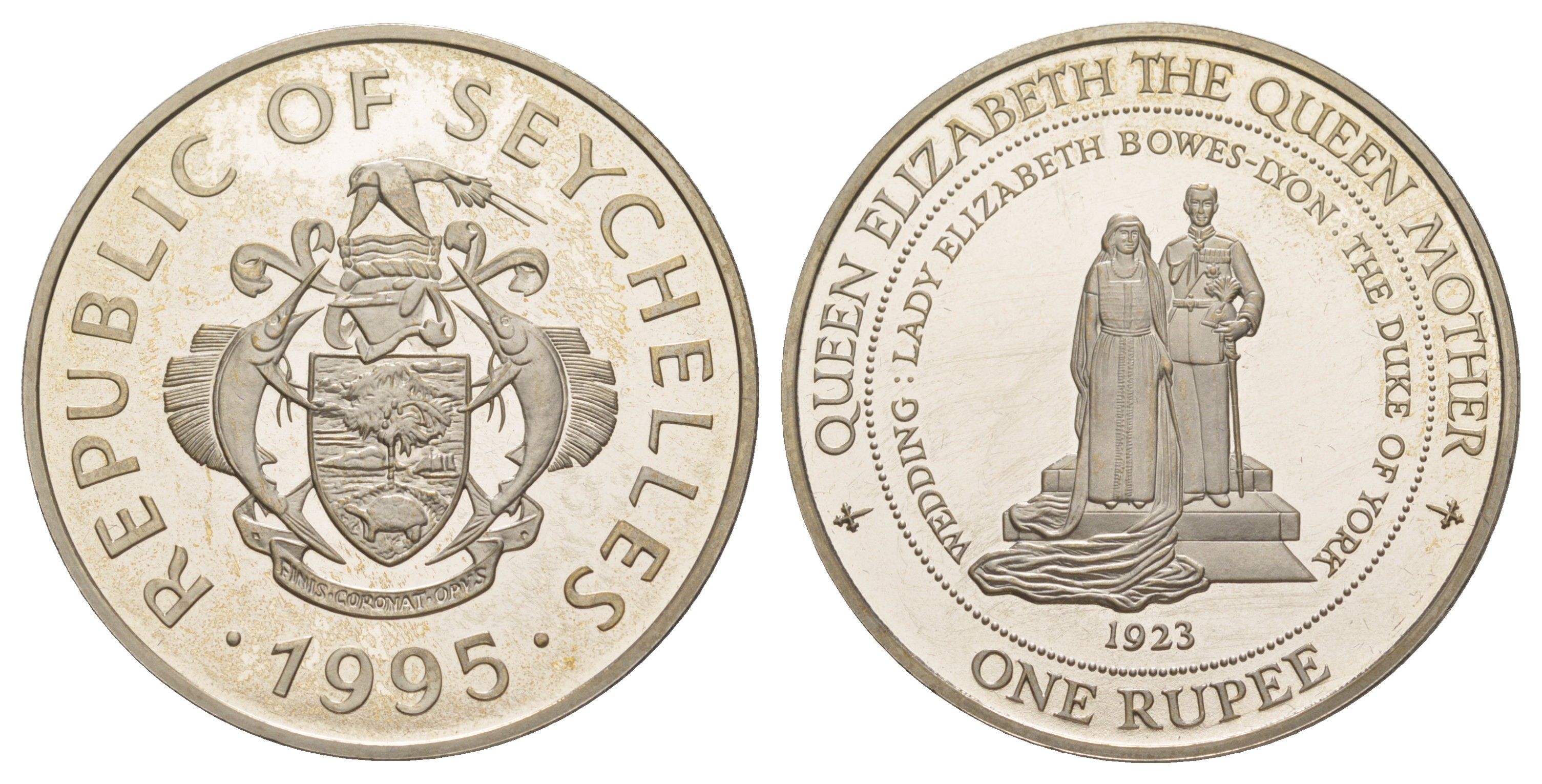 Сейшельские Острова (Сейшелы) 1 рупия 1995 Свадьба Короля Георга VI и Елизаветы Боуз-Лайон, 1923 KM 85 медно-никель PROOF 1521-1132