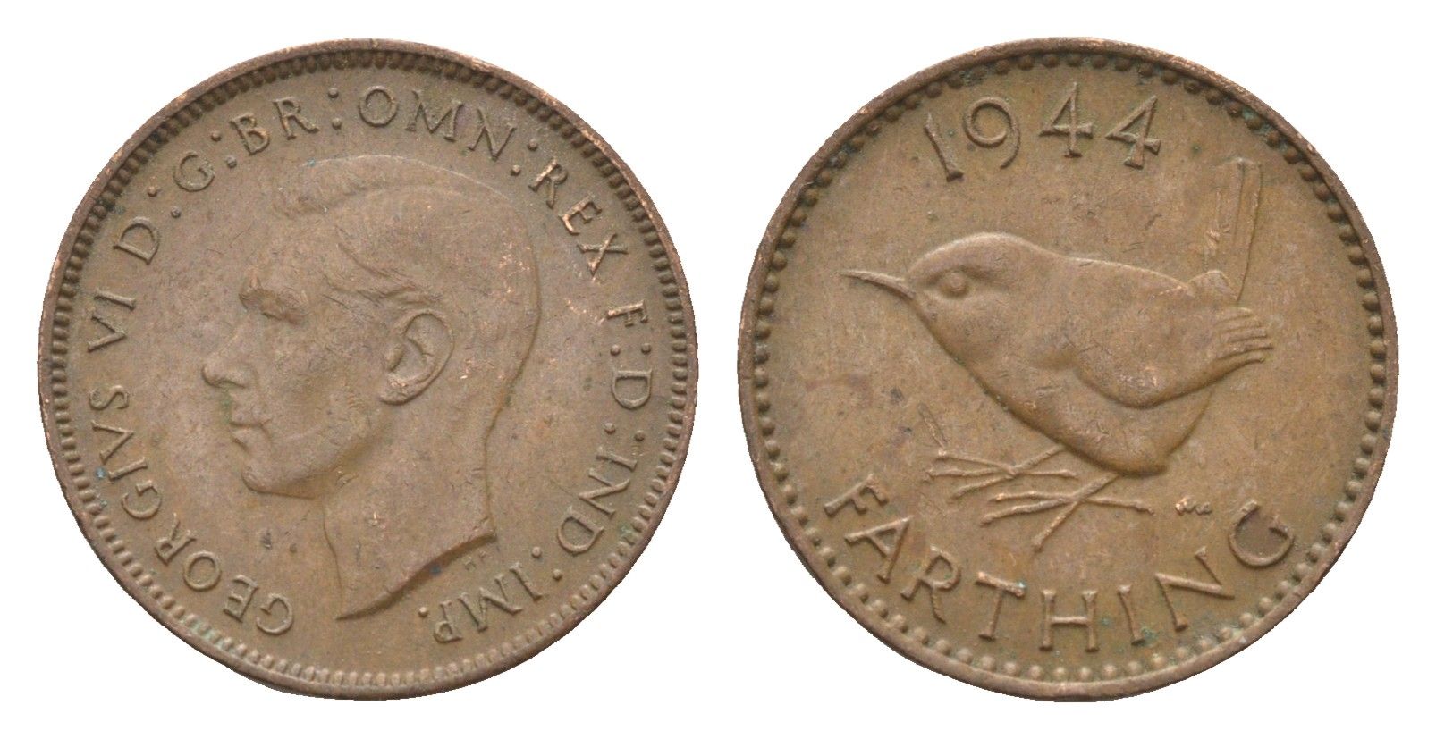 Великобритания 1 фартинг 1944 Георг VI (1936-1952) KM 843, Spink 4116 бронза 4664-347