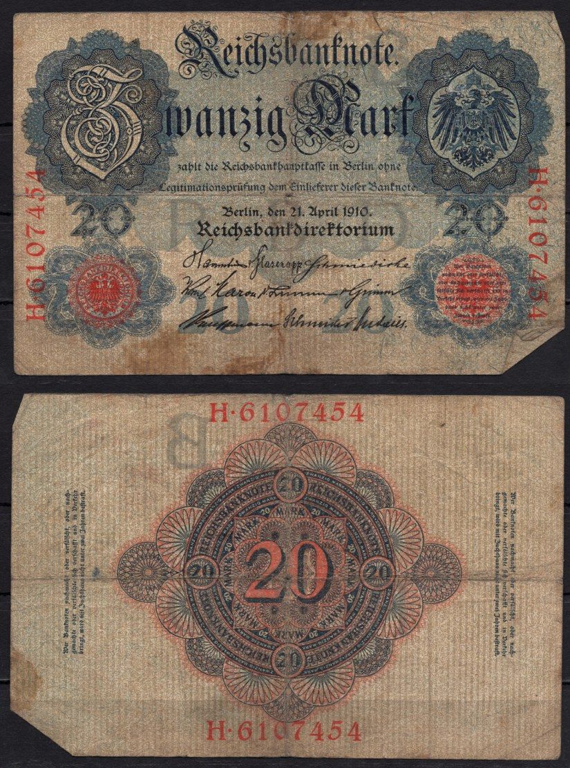 Германия 20 марок 1910 Pick 40 b бумага 6293-55-3-2