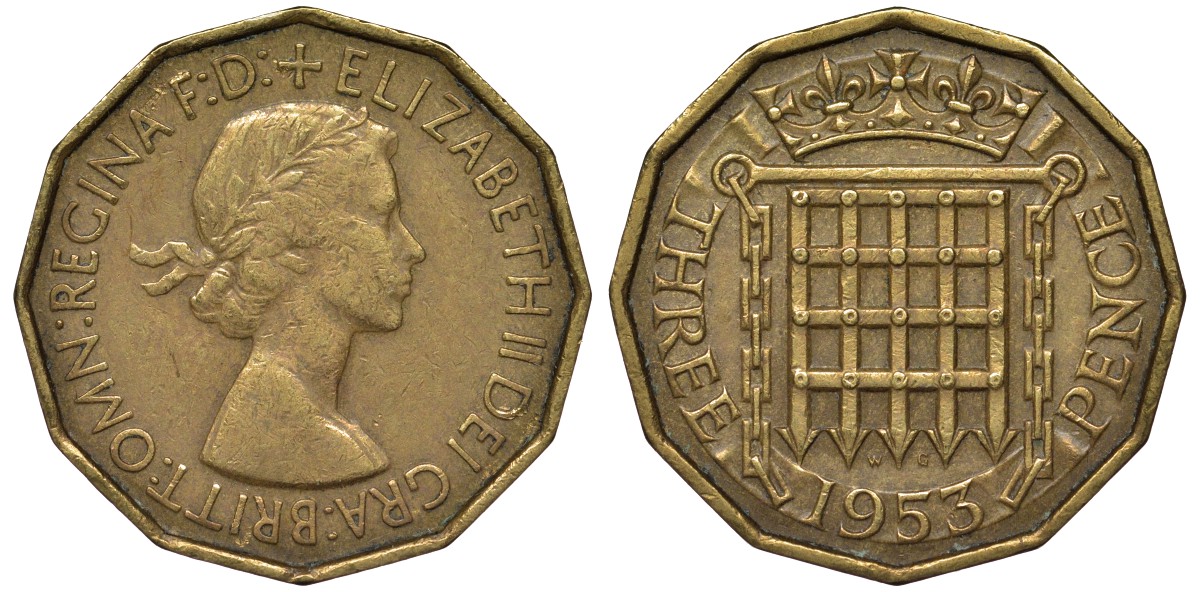 Великобритания 3 пенса 1953 Елизавета II (1952-2022) KM 886, Spink 4152 никель латунь 4122-924