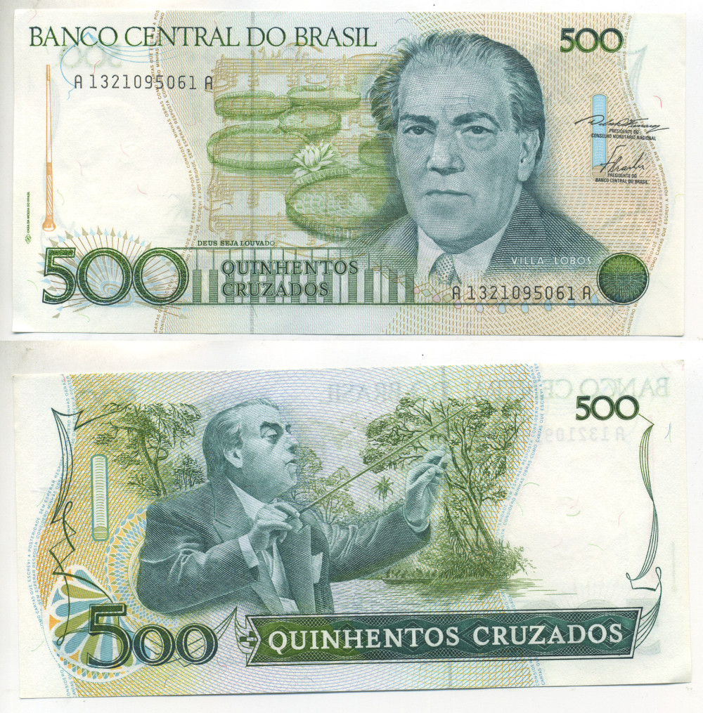 Бразилия 500 крузадо ND (1986-1988) серия A 1321, 100 лет со дня рождения Эйтор Вилла-Лобос Pick 212 а бумага aUNC 6266-41-1-2