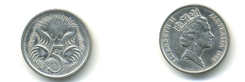 АВСТРАЛИЯ 5 ЦЕНТОВ 1989 ЕЛИЗАВЕТА II, ВТОРОЙ ПОРТРЕТ В КОРОНЕ, ЕХИДНА KM 80 медно-никель 56-441