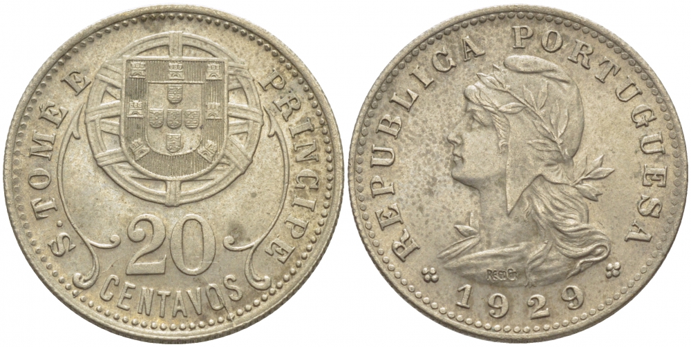 Португальское Сан-Томе и Принсипи 20 сентаво 1929 год тип KM 3 никель бронза aUNC 413-1944