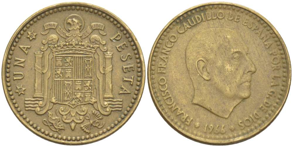 ИСПАНИЯ 1 ПЕСЕТА 1966 (67) ФРАНСИСКО ФРАНКО ДИКТАТОР ИСПАНИИ (1939-1975) KM 796 алюминиевая бронза 202-1126