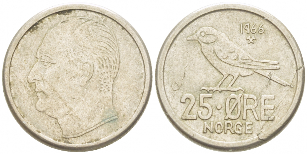 Норвегия 25 эре 1966 Улаф V (1958-1991), синица KM 407 медно-никель 3955-254