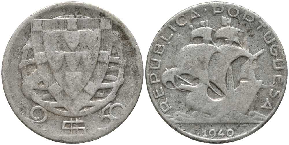 Португалия 2,50 эскудо 1940 парусник КМ 580 серебро 202-353