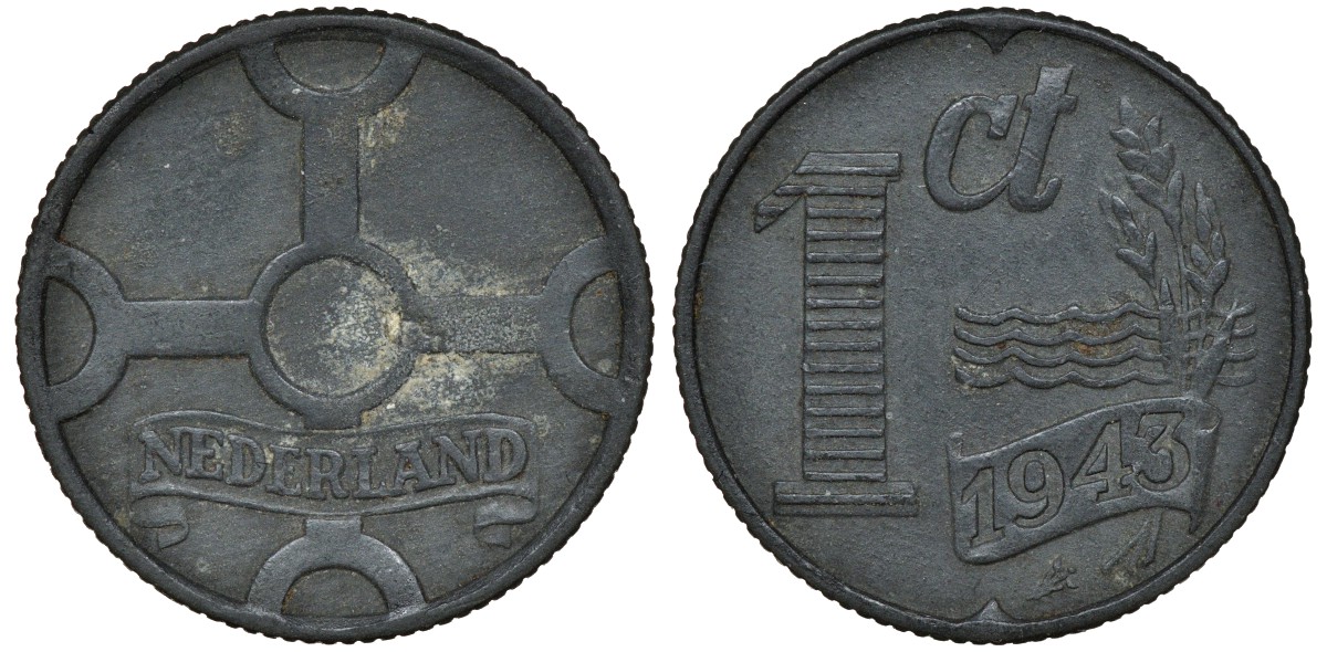 НИДЕРЛАНДЫ 1 ЦЕНТ 1943 ВИЛЬГЕЛЬМИНА (1890-1948) KM 170 цинк 72-1619