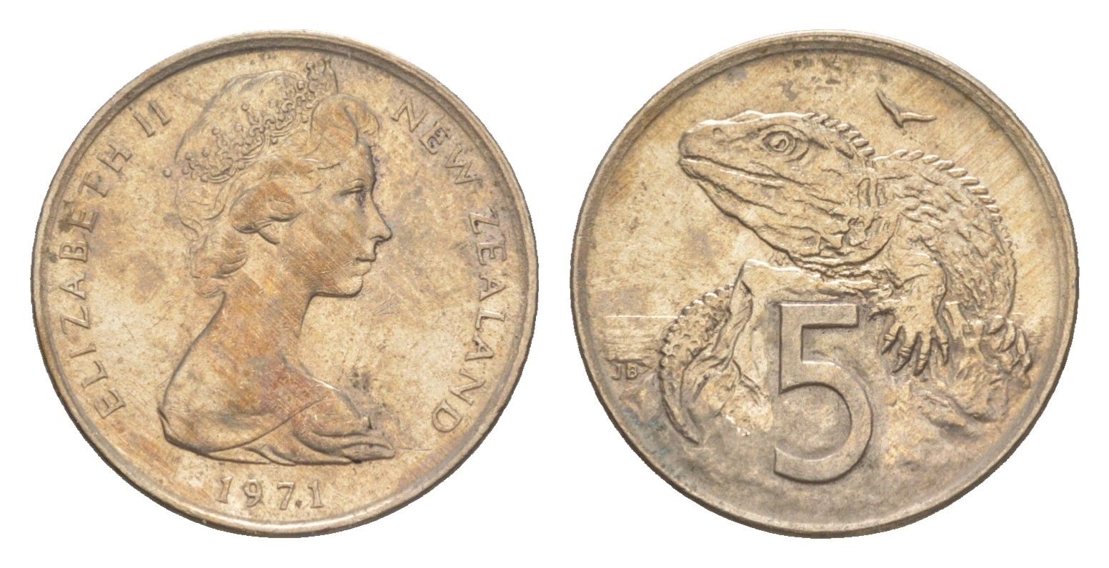 Новая Зеландия 5 центов 1971 Елизавета II (1952-2022), ящерица гаттерия KM 34 медно-никель 4651-166