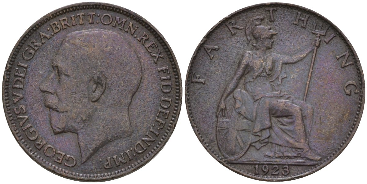 Великобритания 1 фартинг 1923 Георг V (1910-1936), светлая отделка KM 808.2, Spink 4060 бронза 4596-951