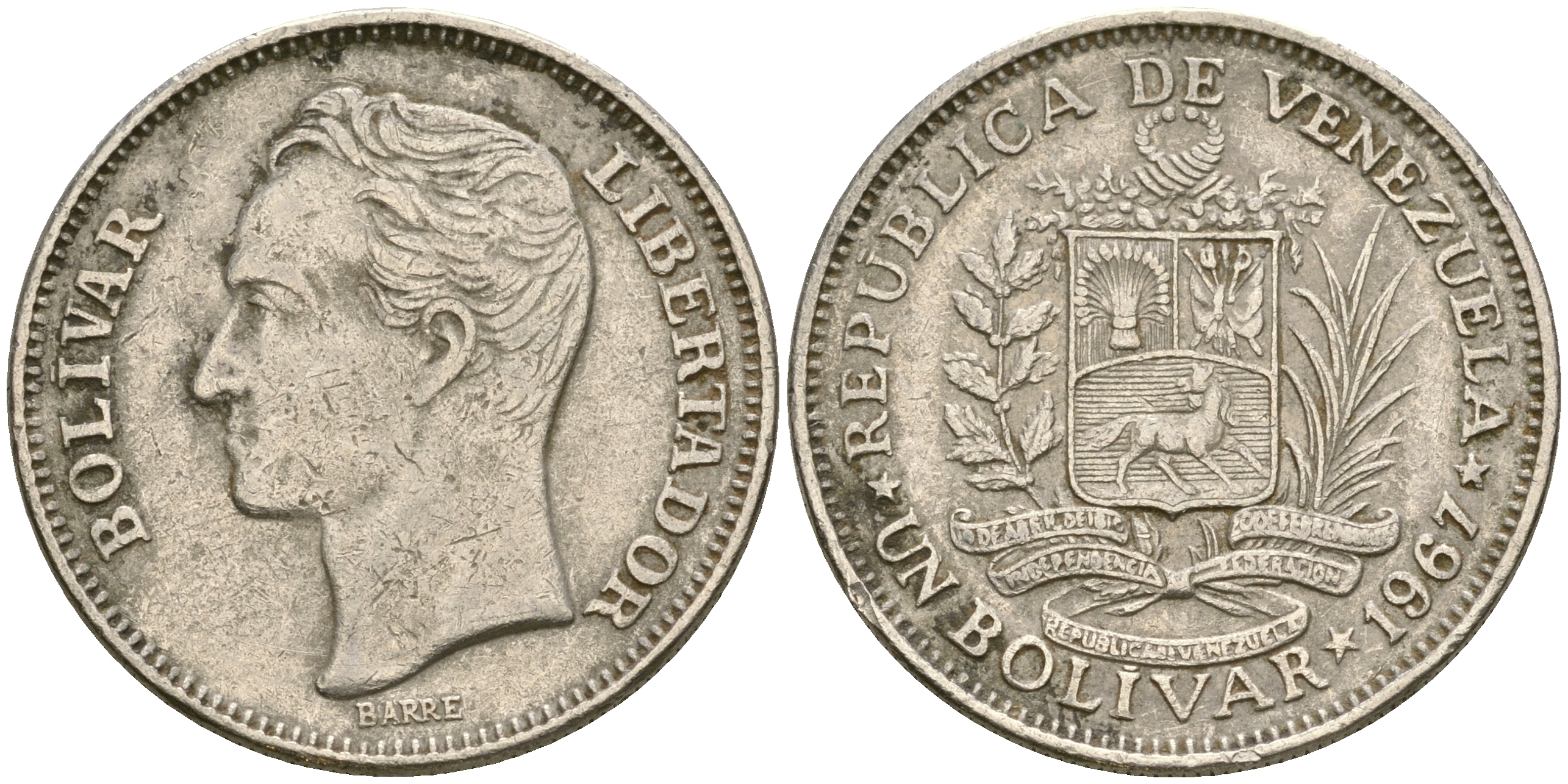 Венесуэла 1 боливар 1967 Симон Боливар KM 42 никель 4364-436