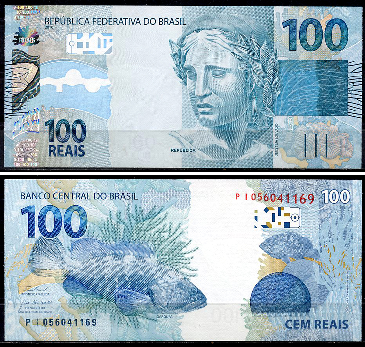 Бразилия 100 реалов 2010 голова Республики, групер Pick 257 g  бумага  UNC (пресс) 451-458-3