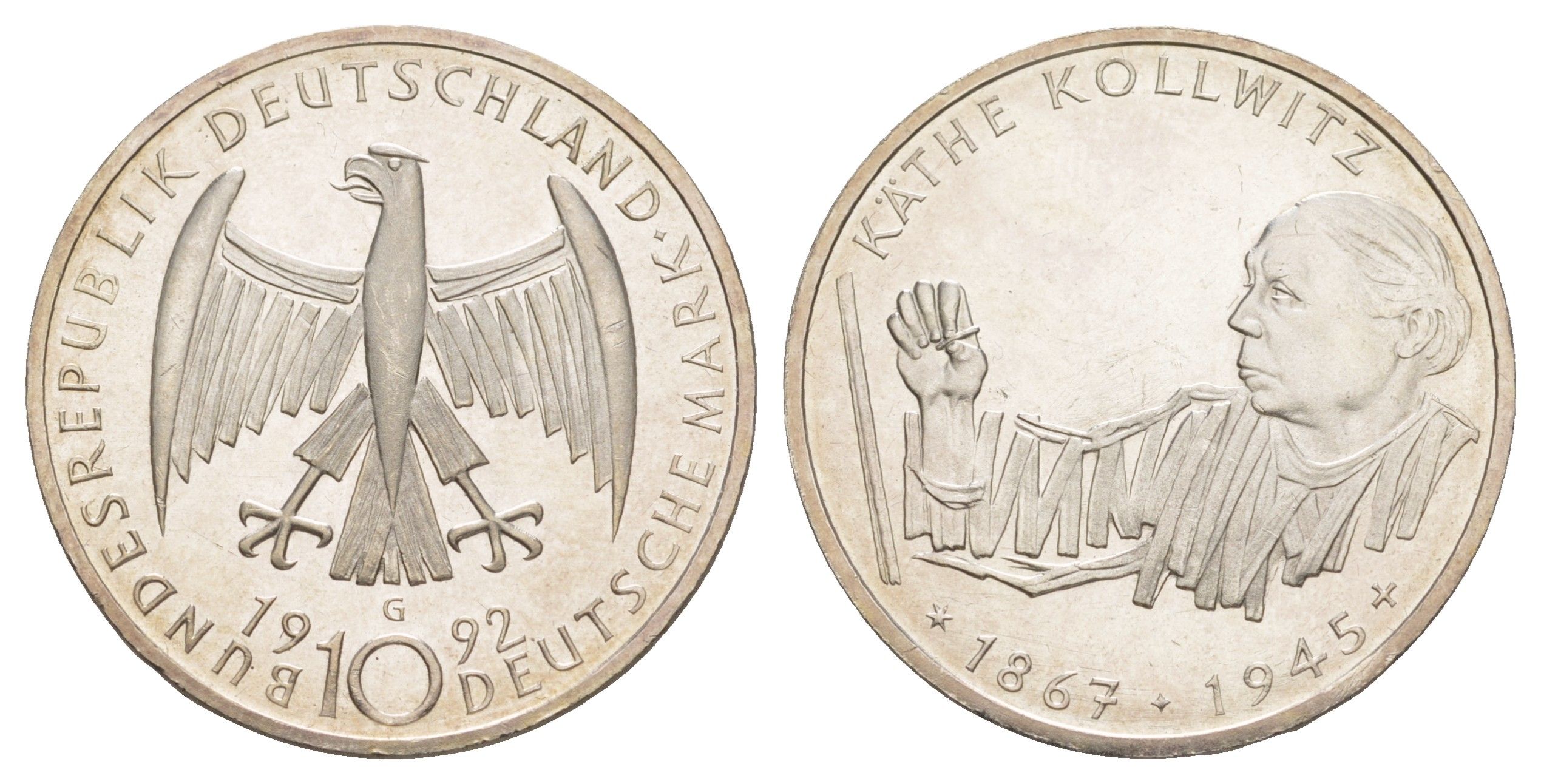 ФРГ 10 марок 1992 G, 125 лет со дня рождения Кете Кольвиц KM 178 серебро UNC 4634-1023