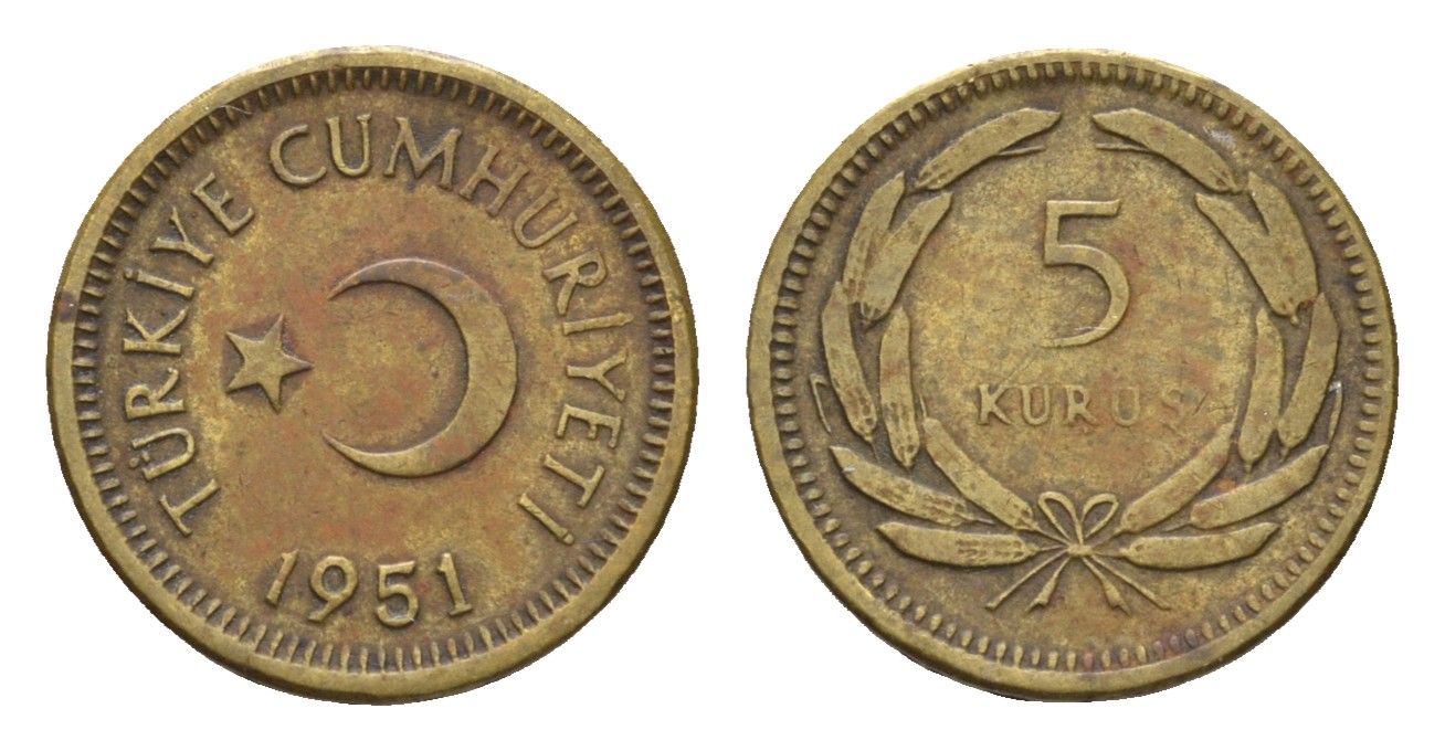 Турция 5 курушей 1951 KM 887 латунь 45-1221